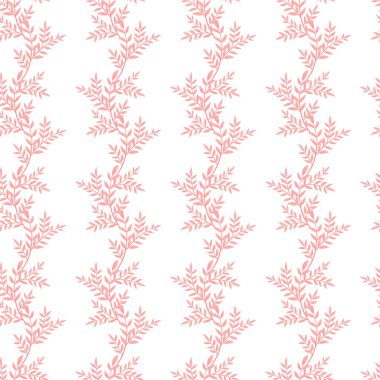 Tekstil kumaşı, baskı, duvar kâğıdı, giysi, ambalaj için beyaz arka planda yaprakları olan pürüzsüz pembe dallar. Pembe yapraklı kusursuz vektör deseni