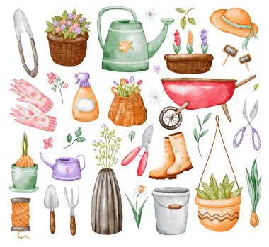 Suluboya bahçe aletleri. İzole edilmiş bir bahçe eşyaları seti. El çizimi bahçe klipsi. Su kovası, bahçe küreği, tırmık, filiz, lastik bot, eldiven, budama makası, saksı çiçeği ve şapka..