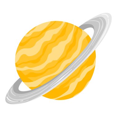 Satürn halkaları olan parlak turuncu gezegen, beyaz arka planda izole edilmiş. Güneş sisteminin çizgi film gezegenleri. Düz vektör biçiminde Satürn.