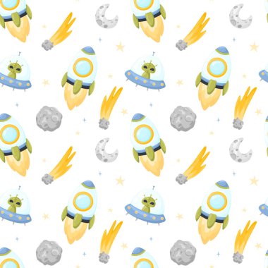 El çizilmiş uzay elemanları Dikişsiz desen. Uzay arka planı. Uzay Doodle Illustration. Vektör Illustration. Karikatür uzay roketler, gezegenler, yıldızlar ile Dikişsiz desen