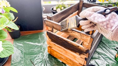 Kara lekeli ahşap bir kutu boyuyorum. Bahçe için ahşap ürünlerin işlenmesi. Bahçe için yüksek yataklar yaratmak.