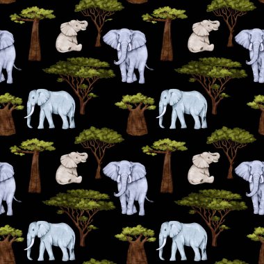 Filler, Afrika ağaçları, baobablar ve akasya ile kusursuz suluboya desenleri. Çocuk duvar kağıtları, kumaşlar ve tekstil modelleri.