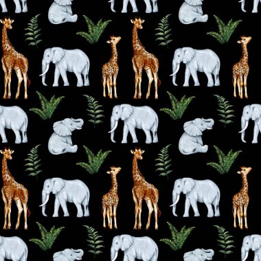 Şeffaf bir arka planda izole edilmiş suluboya zürafalar ve fillerle kusursuz bir desen. Afrikalı hayvanlarla suluboya şekilli desen