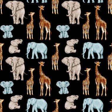 Şeffaf bir arka planda izole edilmiş suluboya zürafalar ve fillerle kusursuz bir desen. Afrikalı hayvanlarla suluboya şekilli desen