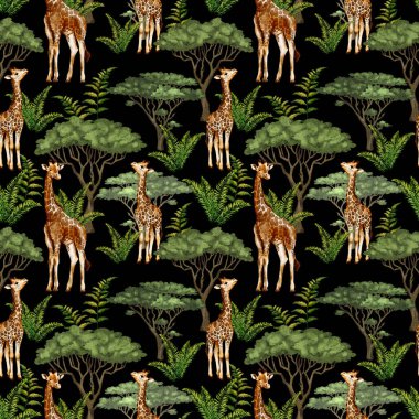 Tropikal yapraklar, zürafalar ve ağaçlarla tropik, pürüzsüz desenler. Yaz ormanı geçmişi. Zürafalarla suluboya deseni.