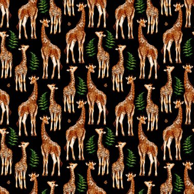 Tropikal yapraklar, zürafalar ve ağaçlarla tropik, pürüzsüz desenler. Yaz ormanı geçmişi. Zürafalarla suluboya deseni.