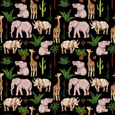 Şeffaf bir arka planda izole edilmiş suluboya zürafalar ve fillerle kusursuz bir desen. Afrikalı hayvanlarla suluboya şekilli desen