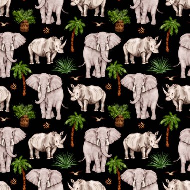 Şeffaf arkaplanda suluboya gergedanlar ve filler olan kusursuz bir desen. Afrikalı hayvanlarla suluboya tarzında desen.
