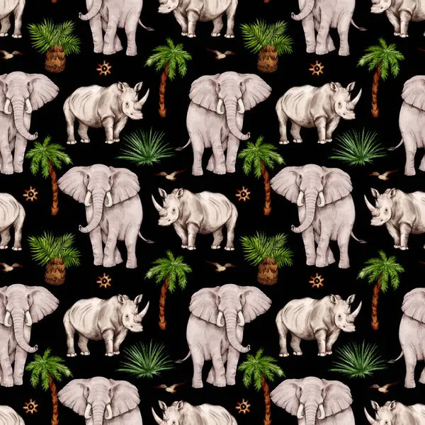 Şeffaf arkaplanda suluboya gergedanlar ve filler olan kusursuz bir desen. Afrikalı hayvanlarla suluboya tarzında desen.