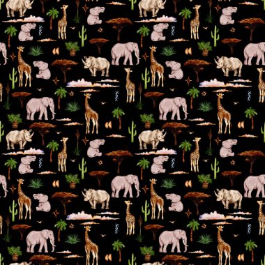 Şeffaf arka planda izole edilmiş suluboya Afrika hayvanlarına ve sembollere sahip kusursuz desen. Afrikalı hayvanlarla, zürafalarla, fillerle ve suluboya tarzında Nasorglarla desenler .