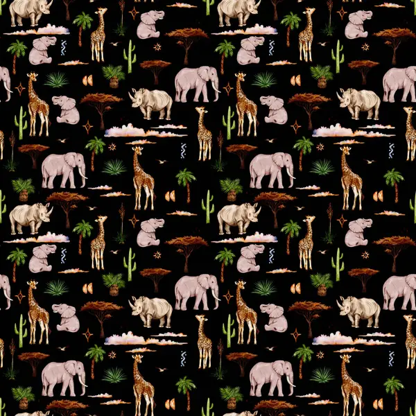 Şeffaf arka planda izole edilmiş suluboya Afrika hayvanlarına ve sembollere sahip kusursuz desen. Afrikalı hayvanlarla, zürafalarla, fillerle ve suluboya tarzında Nasorglarla desenler .