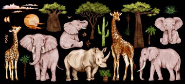Safari temalı suluboya seti. Afrika hayvanları, yapraklar, ağaçlar, gökyüzü elementleri, şekiller ve arka planlar. Afrika 'nın elementleri. Beyaz arkaplanda filler ve zürafalar olan çocuklar.. 