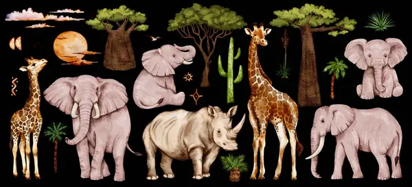 Safari temalı suluboya seti. Afrika hayvanları, yapraklar, ağaçlar, gökyüzü elementleri, şekiller ve arka planlar. Afrika 'nın elementleri. Beyaz arkaplanda filler ve zürafalar olan çocuklar.. 