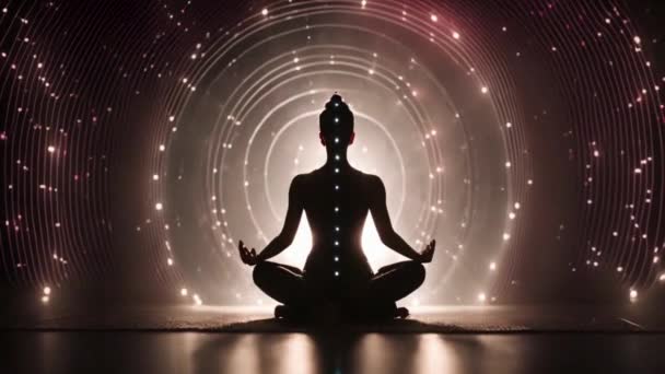Силуэт Медитации Женщины Медитирующей Чакры Вращающимися Лучами Сходятся Черном Фоне — стоковое видео