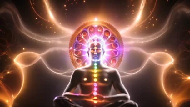 Čakry Světlo Vlnící Černém Pozadí Sochou Buddhy — Stock video