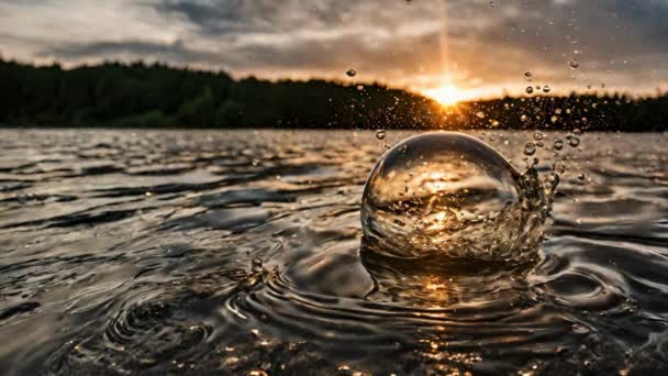 Водяна Бульбашка Бризкає Озеро Схід Сонця Темному Фоні — стокове відео
