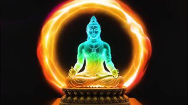 7 çakralı bir meditasyon heykeli. Renkler çakra seviyesine bağlıdır, siyah arkaplanda.