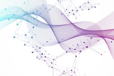 Renkli moleküllerin arka planı. DNA sarmalı, DNA ipliği, DNA testi. Molekül ya da atom, nöronlar. Bilim ya da tıbbi altyapı için soyut bir yapı. Bilimsel mavi pankart tasarım şablonu çizimi
