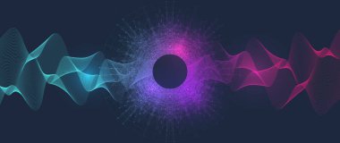 Elektronik festivalin noktalı çizgileri ve dalgaları olan müzik posteri. Parti broşürü tasarım konsepti. Bozuk müzik dalgası dengeleyicisi. Sesin soyut genliği, illüstrasyon.