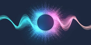 Elektronik festivalin noktalı çizgileri ve dalgaları olan müzik posteri. Parti broşürü tasarım konsepti. Bozuk müzik dalgası dengeleyicisi. Sesin soyut genliği. Vektör İllüstrasyonu.