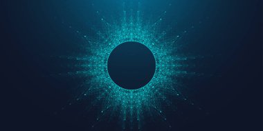 Kuantum hesaplama konsepti. Derin öğrenme yapay zekası. Büyük veri algoritmaları iş için görselleştirme, bilim sunumları, posterler, kapaklar, illüstrasyon