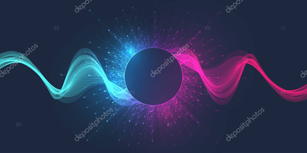 Scientific illustration quantum computer technology. Plexus fiction effect. Deep learning artificial intelligence. Big data algorithms visualization. Quantum explosion background