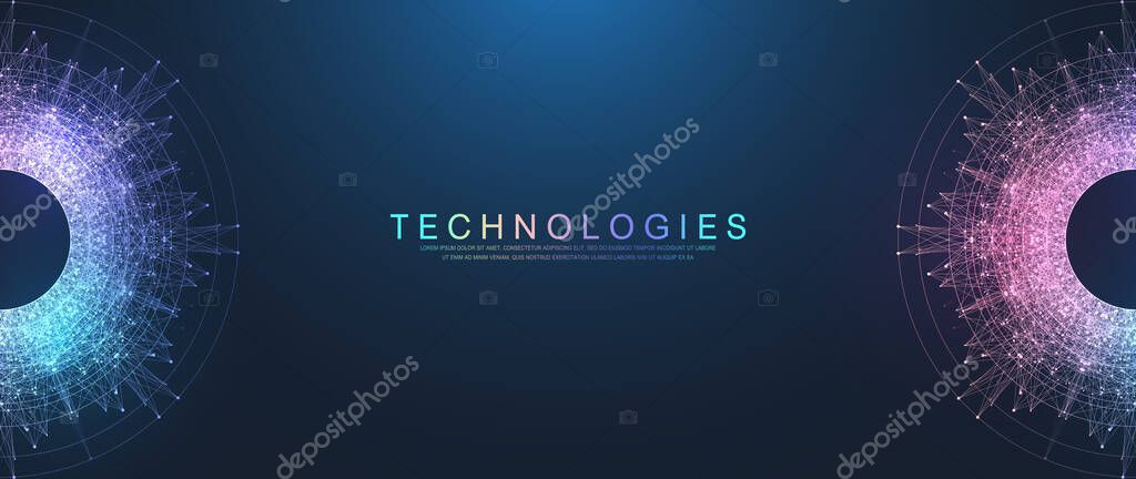 Scientific vector illustration quantum computer technology. Plexus fiction effect. Deep learning artificial intelligence. Big data algorithms visualization. Quantum explosion background