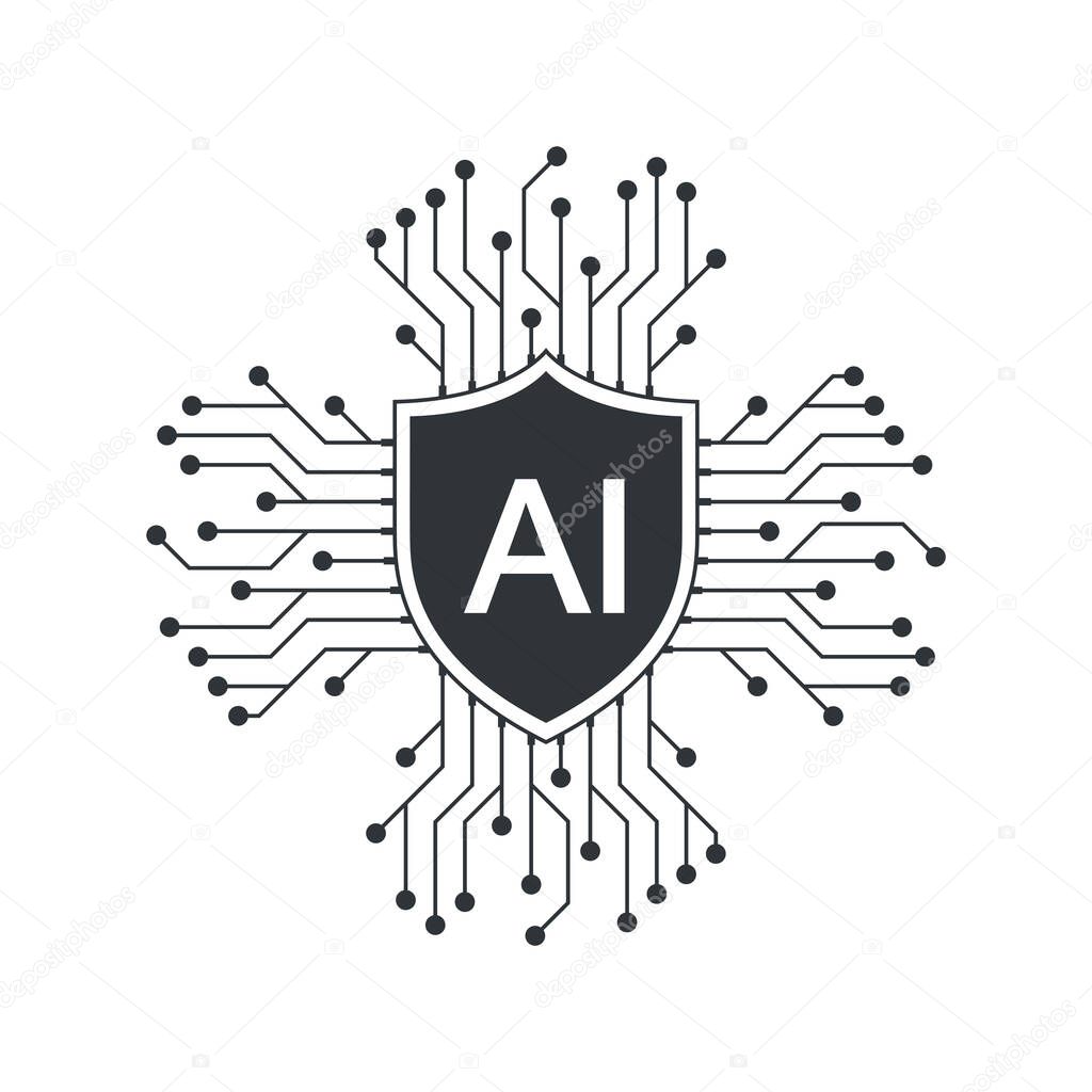 AI security digital chip. AI cyber security technology network protection concept. Semiconductor technology AI security protection shield.