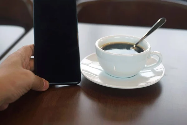 Tasse Café Téléphone Intelligent Sur Une Table Bois Dans Café — Photo