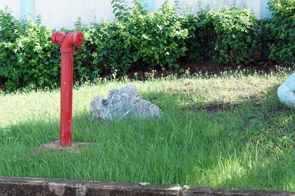 Красный Пожарный Шланг Гидрант Саду Зеленой Травой Камнем — стоковое фото