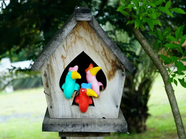 Birdhouse Madeira Jardim Com Patos Plásticos Coloridos Nele Conceito Stlye — Fotografia de Stock