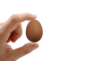 Beyaz arka planda izole edilmiş kahverengi bir yumurtayı tutan bir el, sağlıklı besin kavramları.
