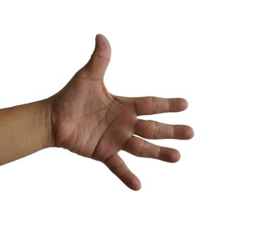 İnsan eli, nesne için kırpma yolu olan beyaz bir arkaplanda izole edilmiş, soyut işaret kavramı. 