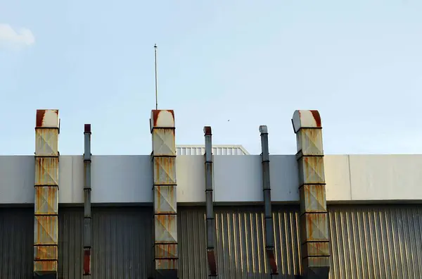 Industrial chimneys on the roof of a large industrial building.