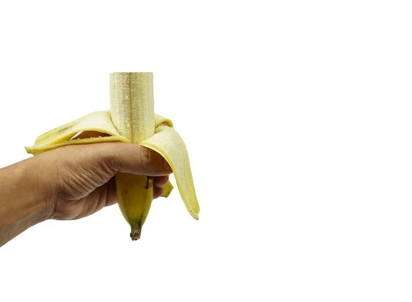 Banan Skalades Och Äts Handen Isolerad Vit Bakgrund Mat Och — Stockfoto