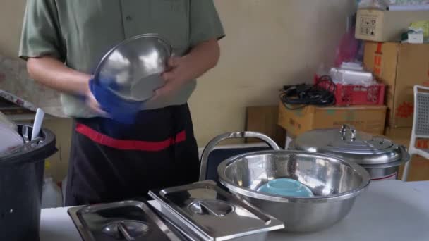 Employee Washing Cleaning Aluminum Bowl Hand Preparing Shop — Stock Video