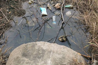 Nehirdeki çöp ve çöp, çevre kirliliği kavramı.