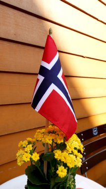 Masada Norveç bayrağı bulunan vazoda parlak sarı renkte Forsythia çiçekleri. Masa dekorasyonunda sarı ahşap duvar dokusu arka planı, Norveç Anayasa Günü. 