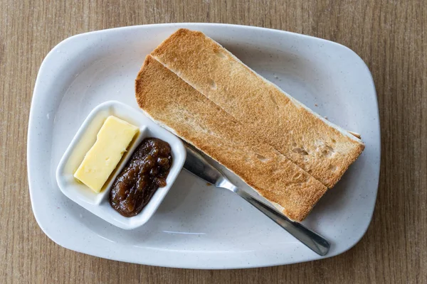 Overhead View Traditional Chinese Sandwich Toast Bread Served Butter Jam — Stockfoto
