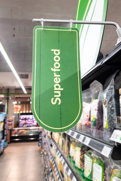 Signage Word Superfood Supermarket Heathy Food Grocery Aisle — Stock Photo, Image