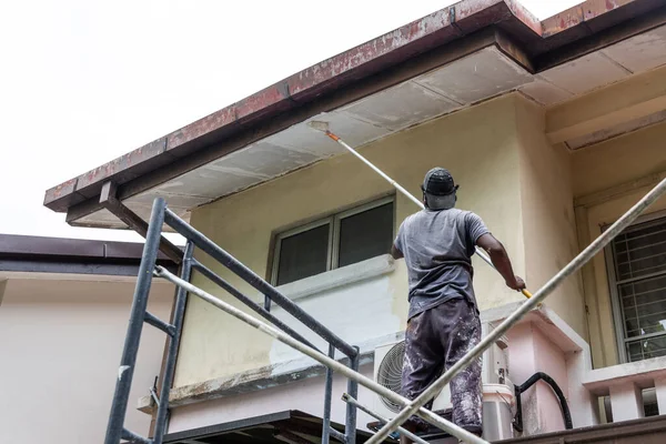 Painter Worker Adding Undercoat Foundation Paint Ceiling Primer Roller Residential — Stock Photo, Image