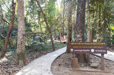 MAE HONG SON, THAILAND, 10 Mart 2023 Tham Nam Lod 'daki yürüyüş yolu. Mağara, kano, vadileri ve kireçtaşı kayalıklarıyla güzel manzarayı keşfetme imkanı sunuyor..