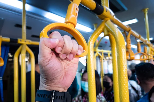 Close Hands Holding Handrails Public Transport Risk Kuman Transmission Infections Stok Gambar Bebas Royalti