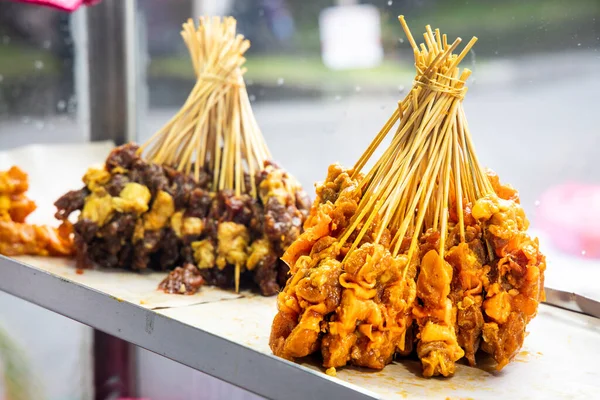 Bunch Raw Chicken Beef Satay Sticks Street Stall Malaysia Being — Stock Photo, Image