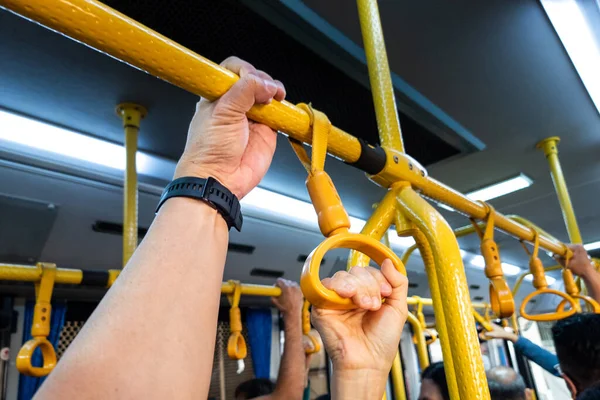 Close Hands Holding Handrails Public Transport Risk Kuman Transmission Infections Stok Gambar