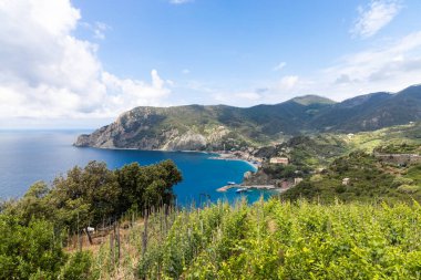 Monterosso 'nun havadan görünüşü, İtalya' daki popüler turizm beldesi Cinque Terre boyunca uzanan beş sahil köyünden biri..