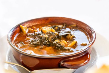 Traditional tomato based Italian minestrone soup served in restaurant in Greve Tuscany Italy