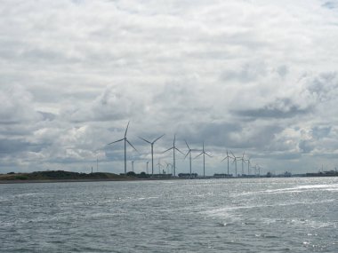 Hollanda, Rotterdam yakınlarındaki Europoort 'ta sürdürülebilir ve yenilenebilir enerji. Doğrudan sahile yerleştirilmiş bir sıra rüzgar jeneratörü..