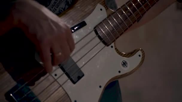 클럽에서 콘서트에서 일렉트릭 베이스 기타를 연주하는 기타리스트 고품질 — 비디오