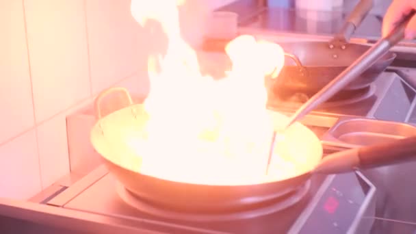 Chefs Cooking Wok Noodles Skillet Blazing Fire — Wideo stockowe